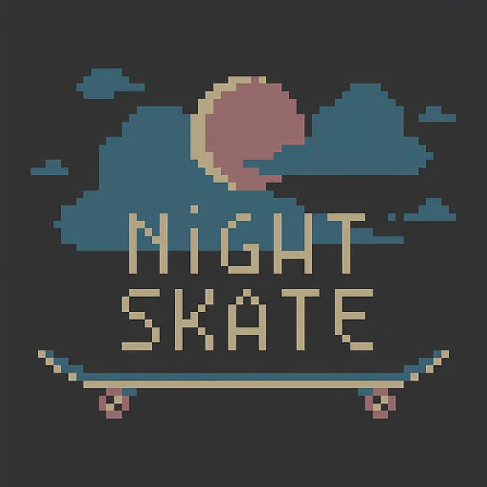 Pixel art logo for Night Skate mobile game with a moon, clouds, and a skateboard on a dark background.