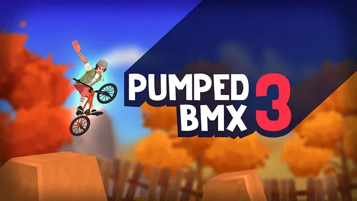 BMX rider performing a trick on a bike in an autumn setting, highlighting a popular mobile game for download.