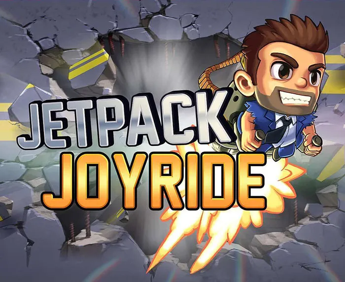Cartoon character flying with a jetpack breaking through wall in a popular really good mobile game.