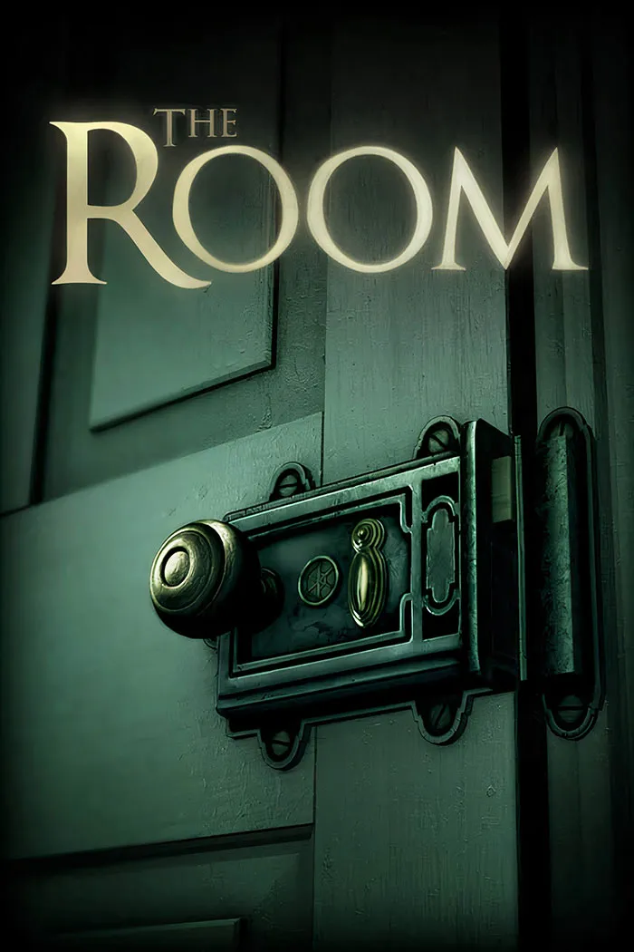 The Room game screen showing a close-up of an old-fashioned door lock and knob on a green wooden door in a mobile game.