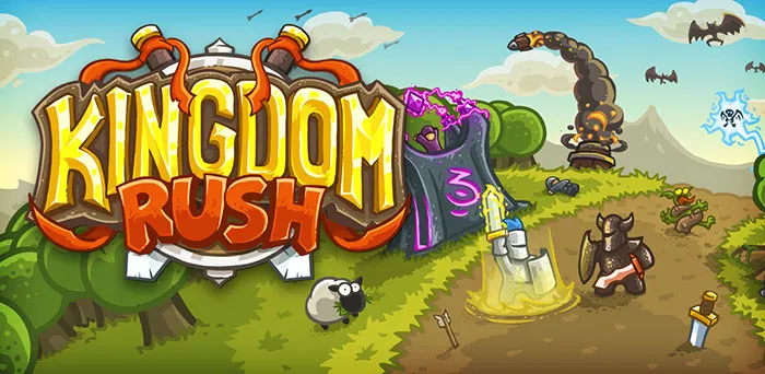 Colorful Kingdom Rush mobile game scene with fantasy characters, magical elements, and strategic gameplay visuals.