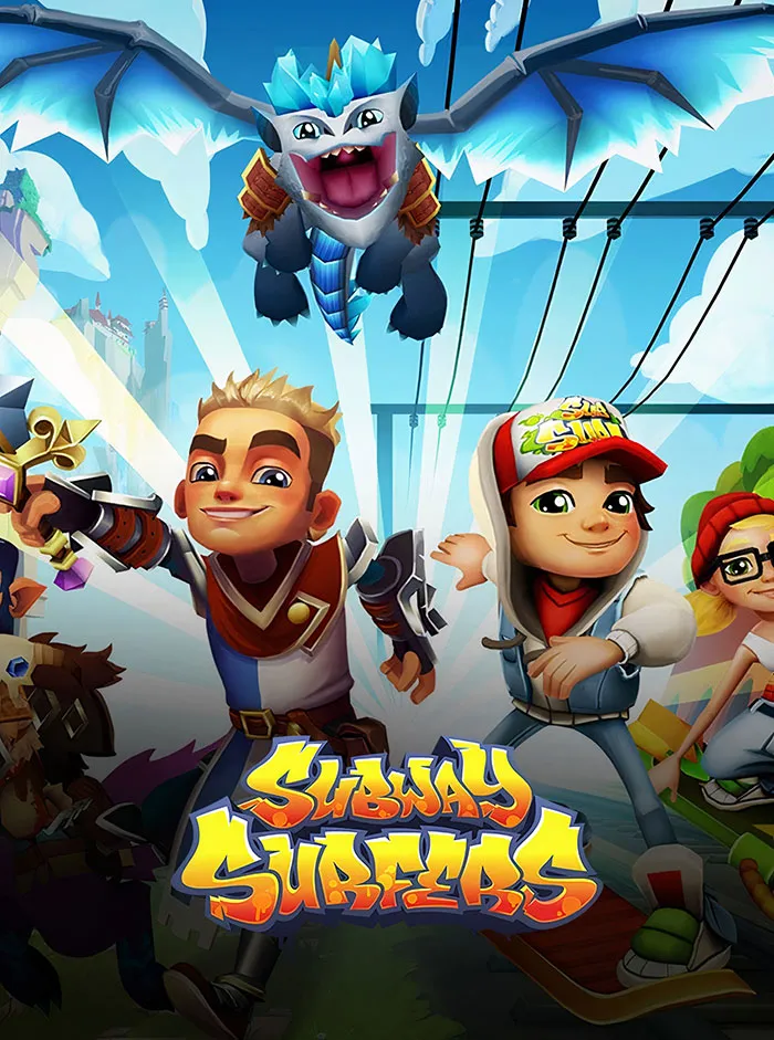 Characters from popular mobile games including Subway Surfers and a blue dragon in an action-packed gaming scene