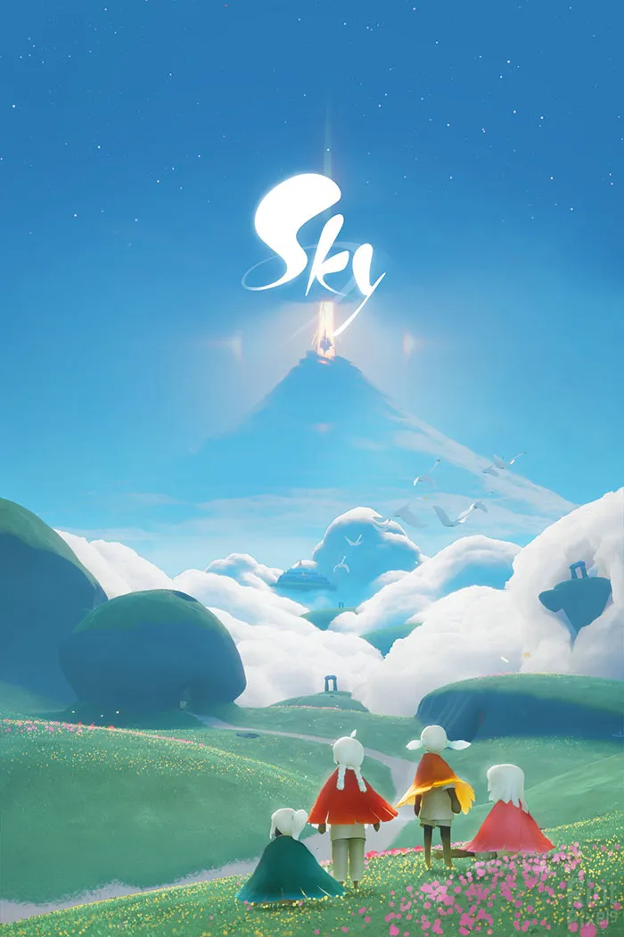 Colorful fantasy landscape from a popular mobile game featuring characters and a mountain under a bright sky.
