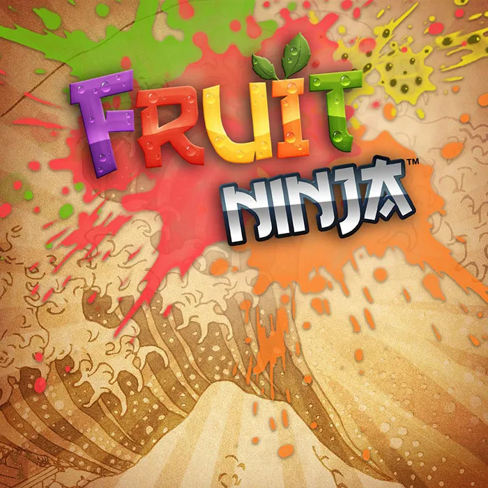 Fruit Ninja game logo with colorful juice splashes, representing fun and popular mobile games to download.