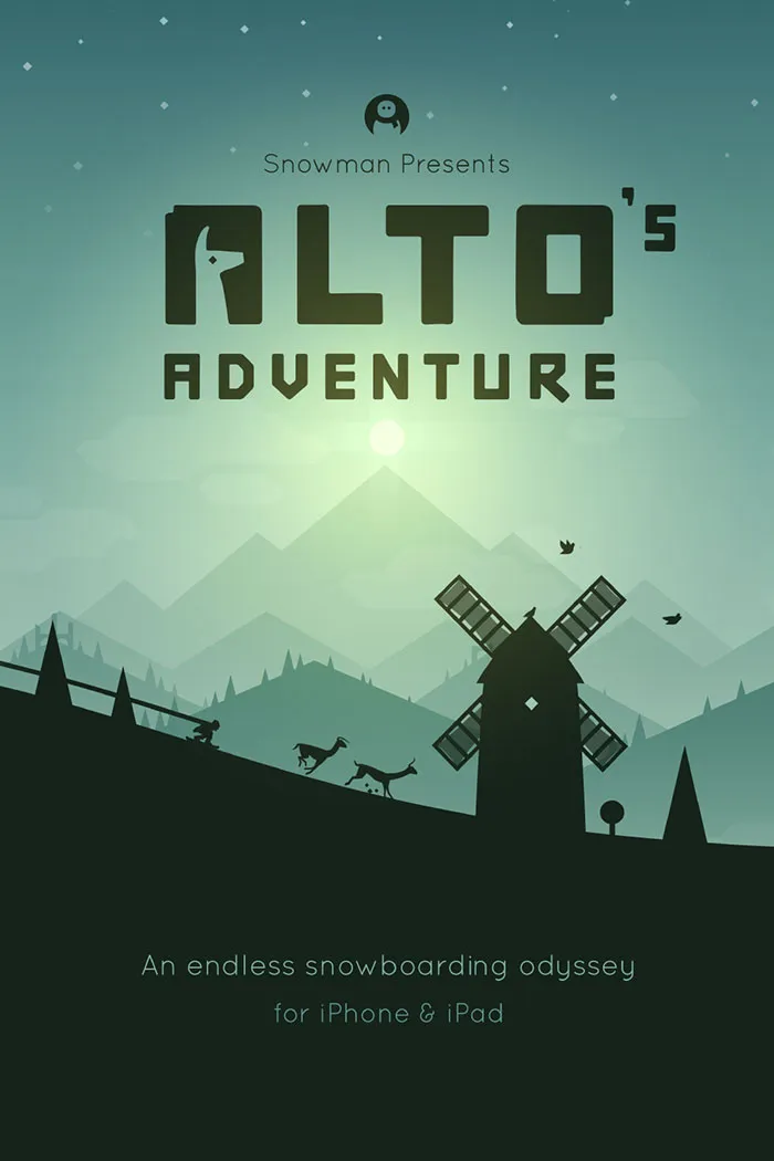 Alto's Adventure mobile game poster showing a snowboarding scene with mountains and a windmill at sunrise.