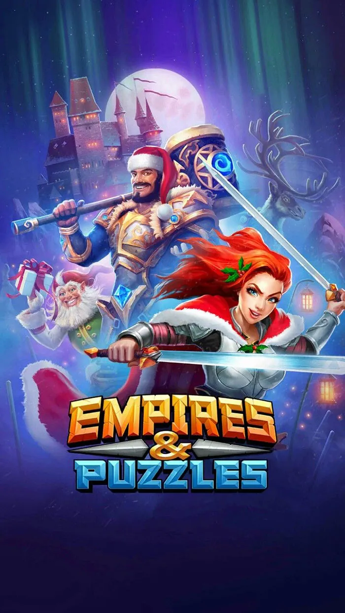 Colorful fantasy characters in festive armor with swords and hammer in a popular really good mobile game puzzle adventure.