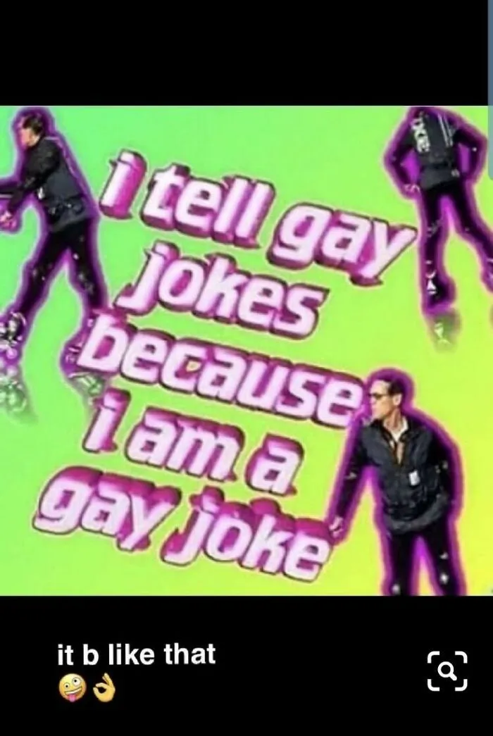 LGBTQ+ meme with text: "I tell gay jokes because I am a gay joke," on a vibrant background.