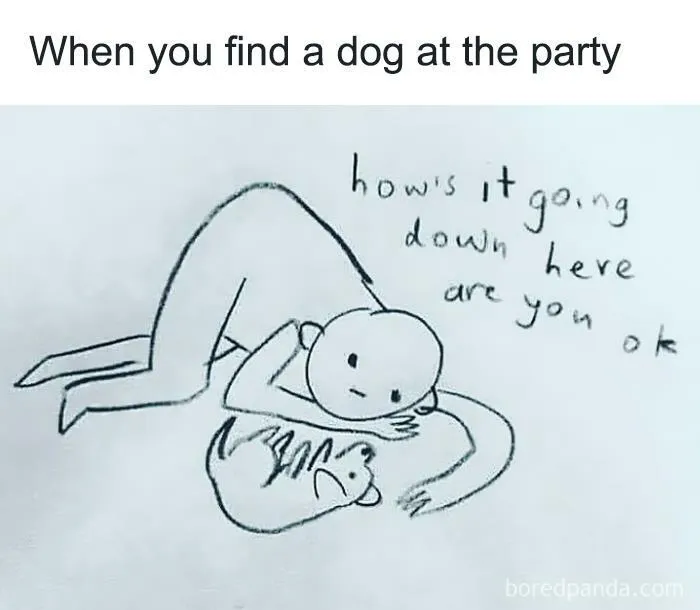 Simple line drawing of a person lying on the floor talking to a dog, relatable introvert nation meme.