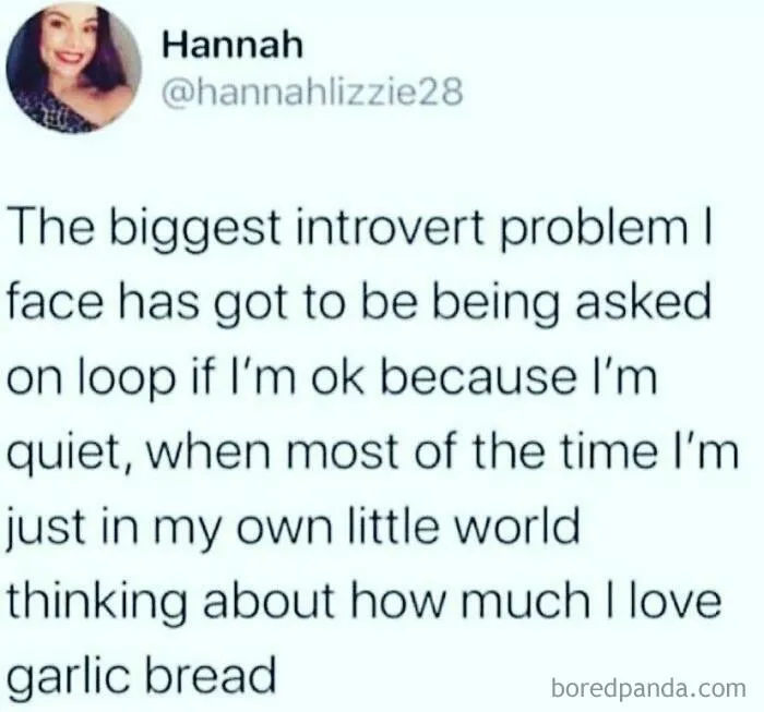 Instagram meme from Introvert Nation about the biggest introvert problem and loving garlic bread.