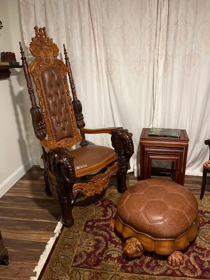 This Epic Throne And Turtle Footstool I Found Separately For My Husband. He Is A Giant Of A Man And It Is The First Chair That Really Fits Him.