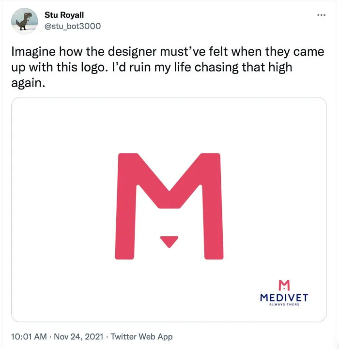 Red and pink creative Medivet logo featuring an M with a small inverted triangle, showcasing brilliant design ideas shared online.