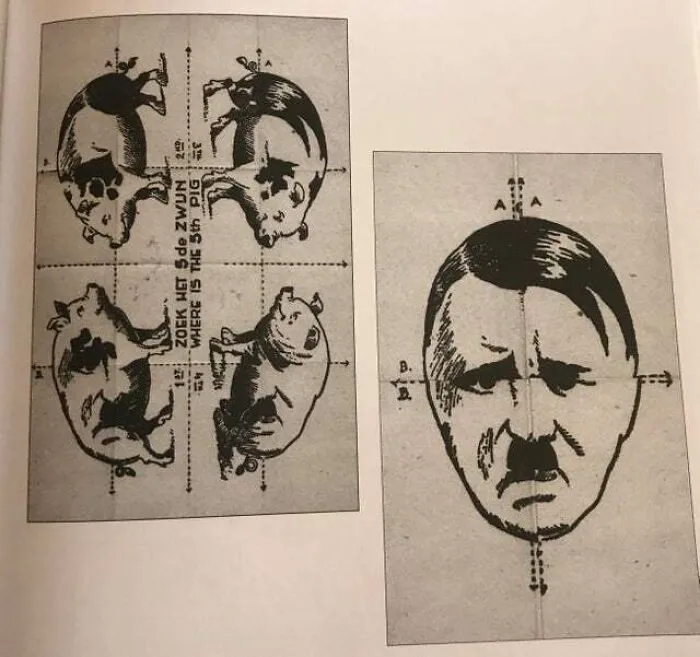 "¿Dónde está el quinto cerdo?" - Cartel antihitleriano de la Segunda Guerra Mundial creado en los Países Bajos ocupados. Cuando se dobla correctamente, crea la cara de Hitler - El Quinto Cerdo