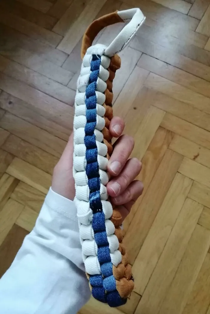 I Had Some Pieces Of Denim Leftover After Shortening Some Jeans And Braided It Into A Dog Toy. Good Way To Get Rid Of Fabric Scraps 
