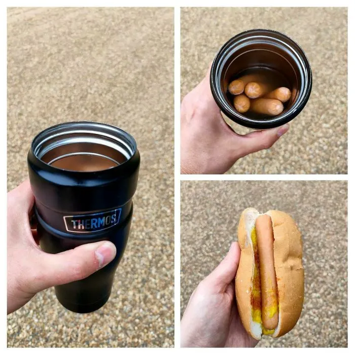 Hoy hice esto. Puse agua hirviendo en un termo para cocinar/mantener calientes las salchichas hasta la hora del almuerzo. Funcionó mucho mejor de lo que esperaba. Un picnic con perros calientes