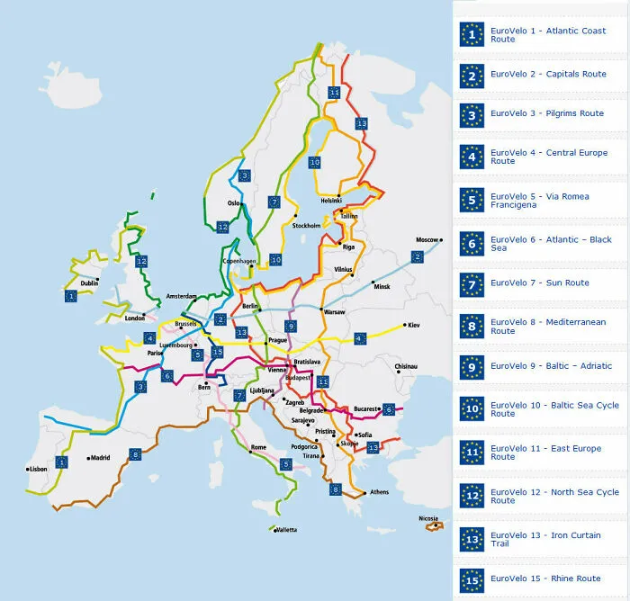 La EuroVelo es una red de rutas ciclistas con más de 70 000 kilómetros de extensión que atraviesa todo el continente europeo
