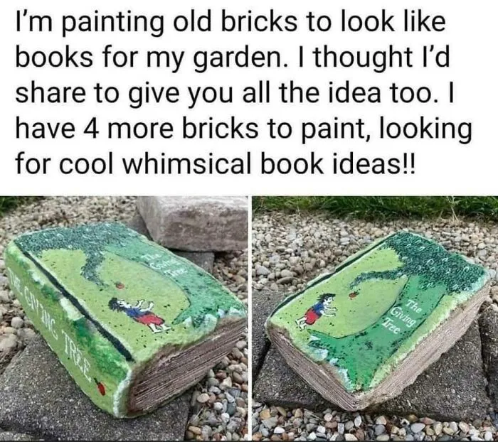 Bricks Painted Like Books As Garden Decor