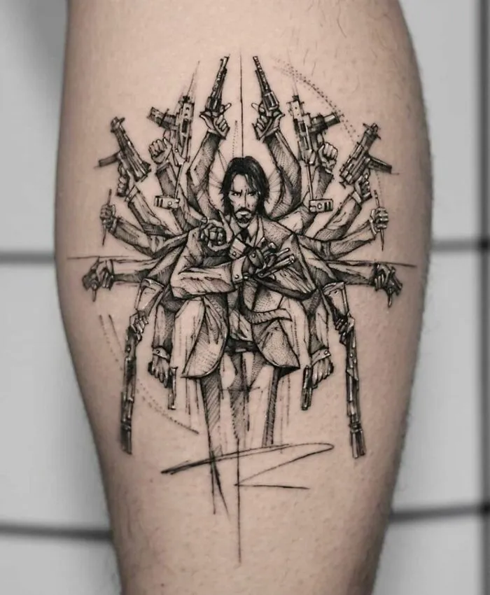 Intricate tattoo of a man in a suit with multiple arms holding guns, displayed on a person's leg.