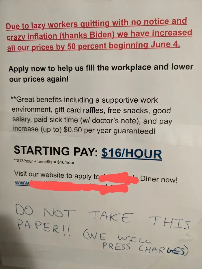 Found This Sign At A Local Dinner. Decided To Eat Somewhere Else. Sounds Like A Horrible Place To Work