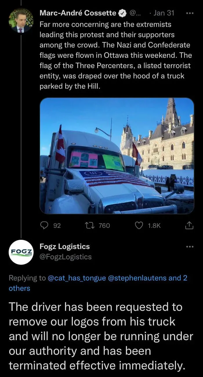 Trucker Fired For Participating In Ottawa Protests With Company Truck While Displaying Right Wing Terrorist Flag