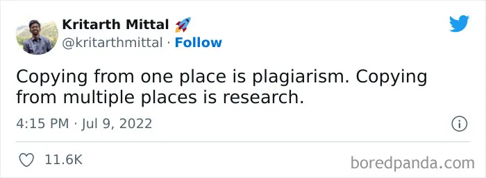 Tweet by Kritarth Mittal humorously highlighting plagiarism and research, featured in funny science jokes and memes collection.