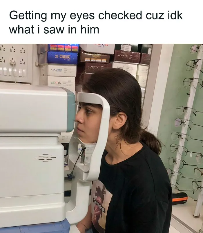 Woman getting an eye exam with a humorous caption on relationship choices, from Sarcasm Only memes.