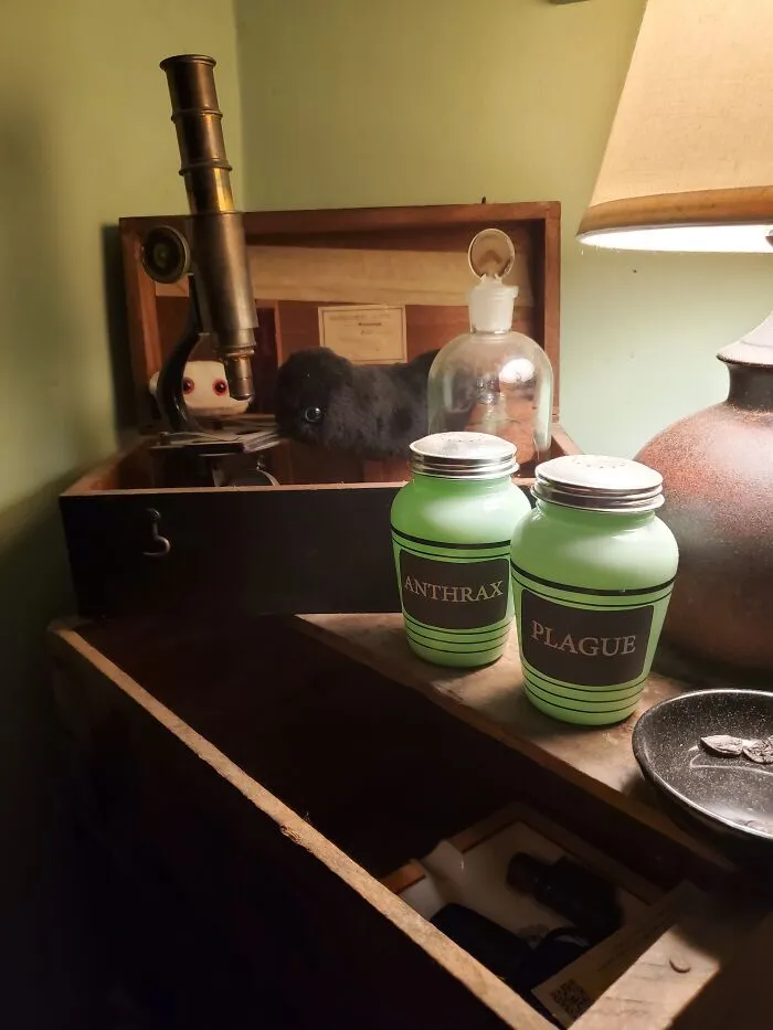 My Antique Microscope With My 'Stuffed' Anthrax And Plague Giant Micobes And Their Appropriate Storage Jars.