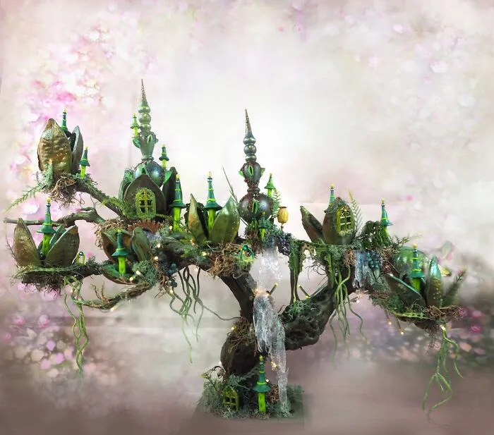 Fairy City (Lamp) Made From A Branch, Pods, And Old Christmas Decorations. This One Has Lots Of Waterfalls