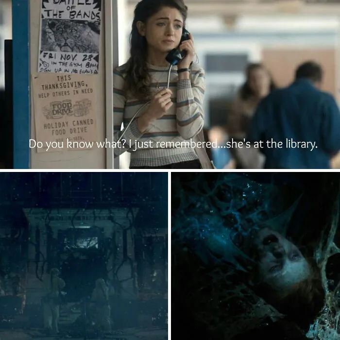 In Episode 3, After The Party, Nancy Calls Barb's Mom To Ask If Barb Made It Home Last Night, And Then Lies About Her Being At The Library. In Episode 8, Hopper And Joyce Enter The Upside Down And Find Barb's Corpse In The Public Library