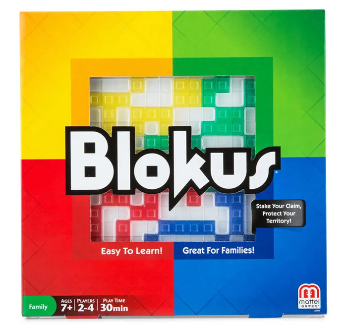 Blokus board game box with colorful design, promoting fun board games for kids and family entertainment.