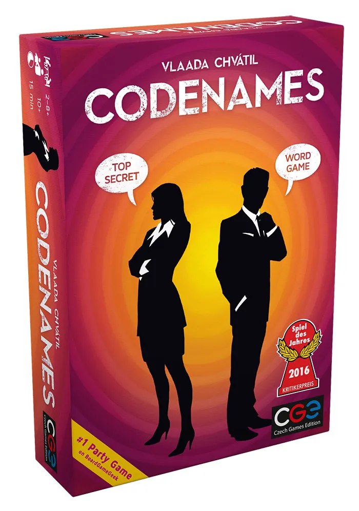 Box of the board game Codenames featuring a secret agent theme, ideal for fun board games for kids entertainment.