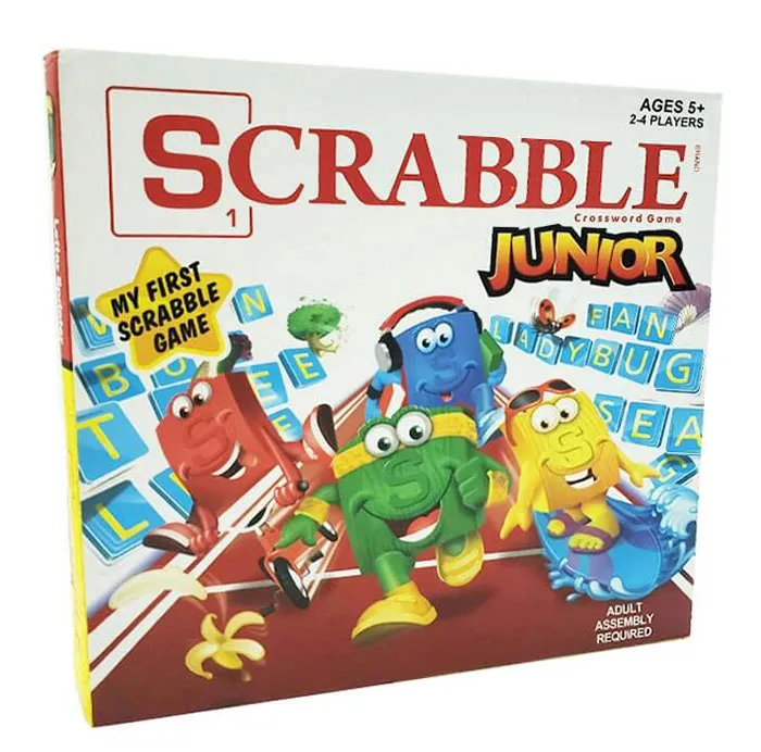 Scrabble Junior board game box featuring colorful characters, a fun option among board games for kids to stay entertained.