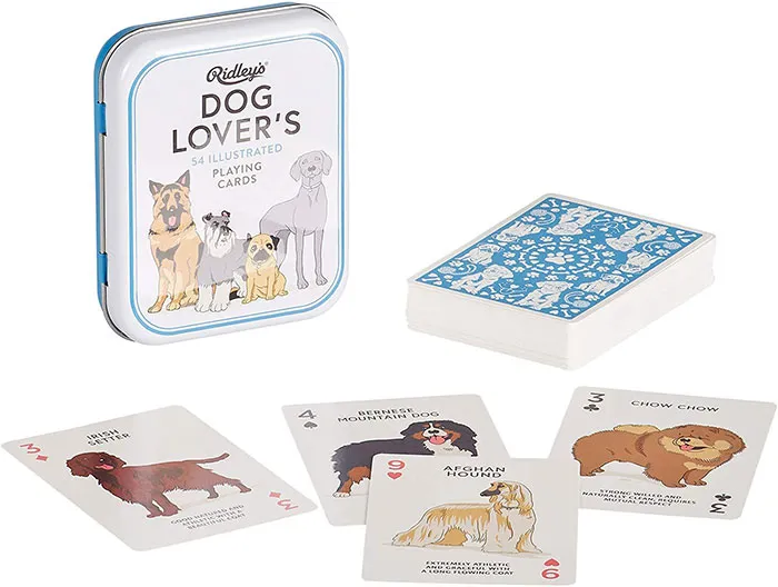 Dog lover's illustrated playing cards featuring various dog breeds, a fun board game for kids entertainment.