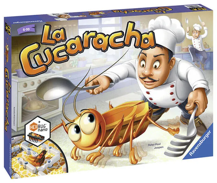 Board game La Cucaracha featuring a cartoon chef chasing a large animated cockroach, a fun board game for kids.