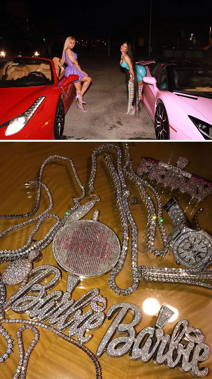 Celebrities flaunting wealth with luxury cars and diamond jewelry at night.