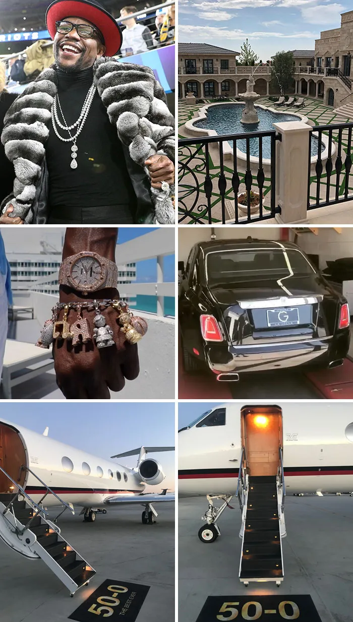 Celebrities flaunting wealth with luxury cars, private jets, jewelry, and a lavish mansion in a collage of opulent images.