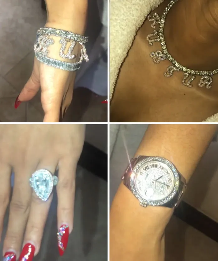 Extravagant jewelry and diamond watch flaunting wealth, featuring bracelet, necklace, ring, and timepiece.