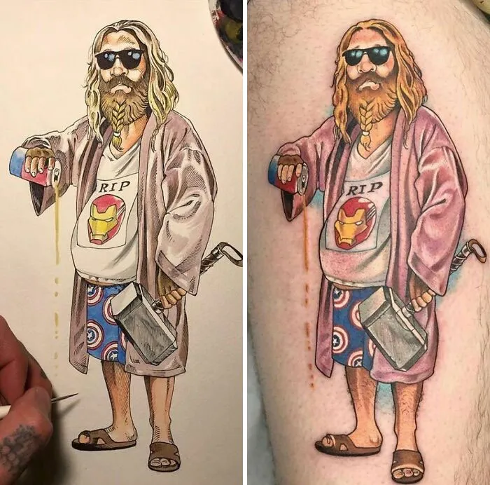 Crazy tattoo of character with sunglasses, long hair, holding a hammer, and wearing a robe with Iron Man tribute on a t-shirt.