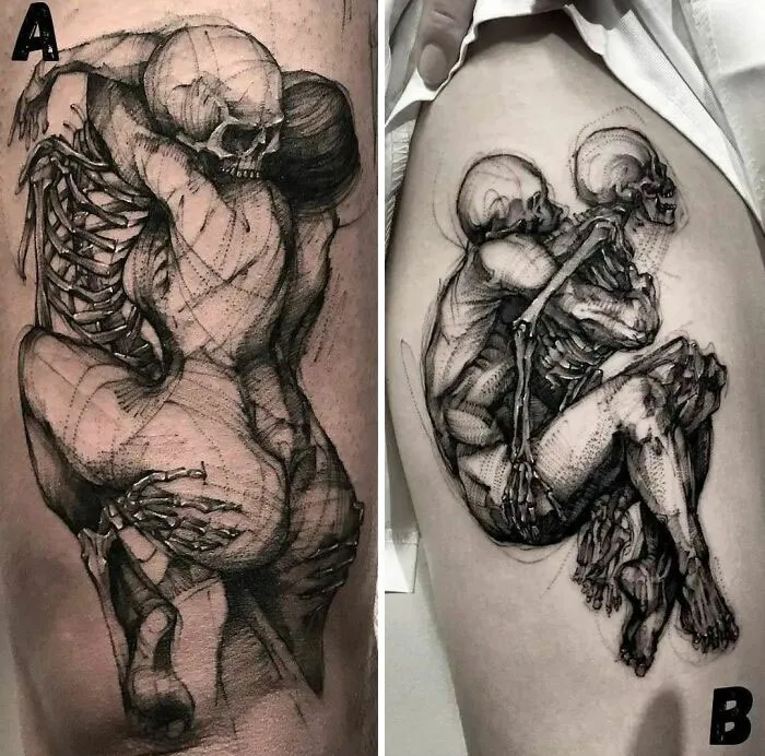 Crazy tattoos of skeletons embracing tattooed on arms.