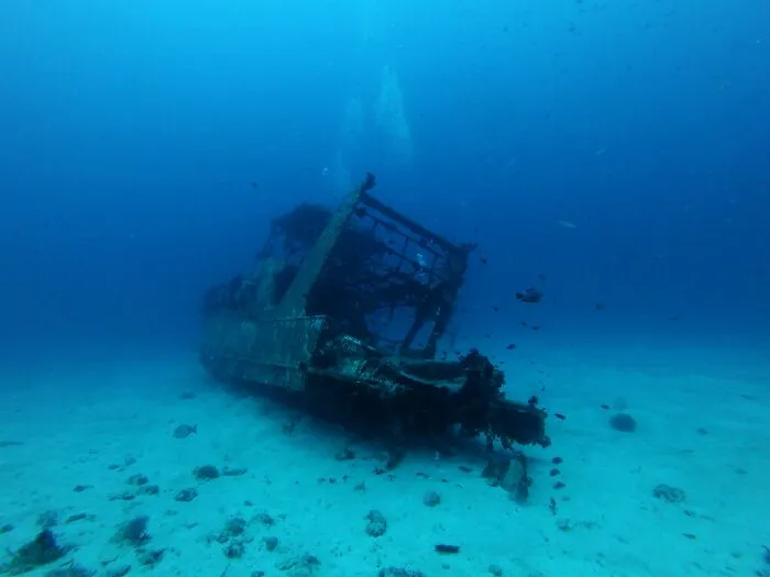 Underwater view of a rusted shipwreck on the ocean floor surrounded by small fish, illustrating creepy ocean facts.