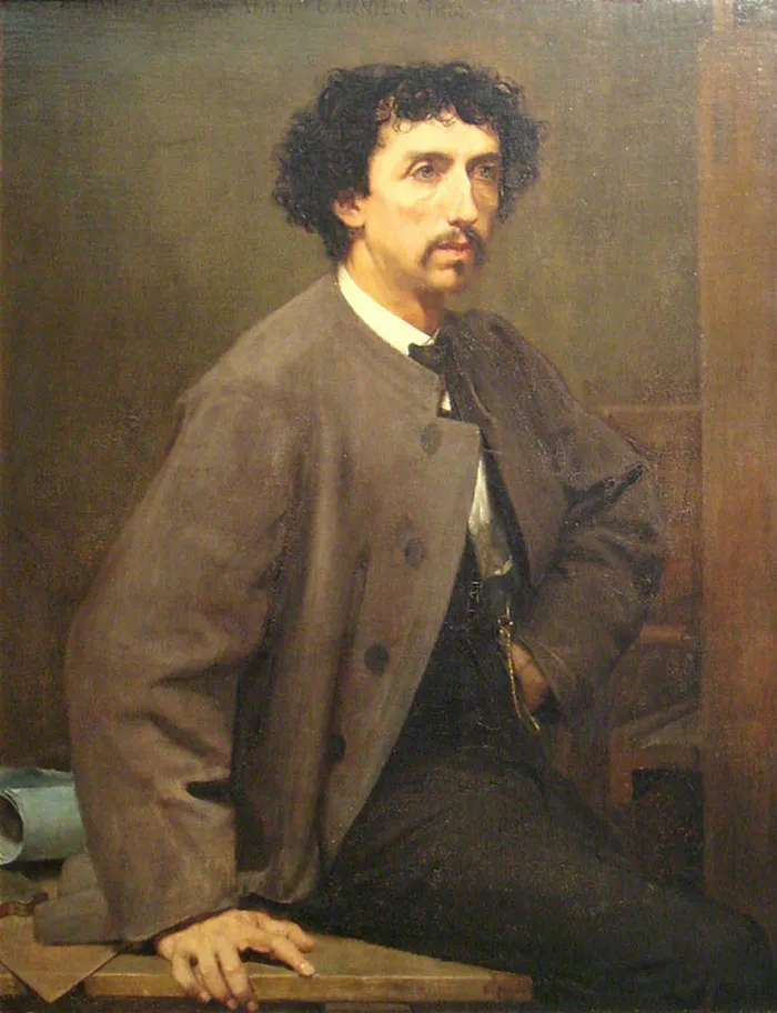 A famous painting depicting a man with curly hair and a mustache, wearing a gray suit, sitting thoughtfully.