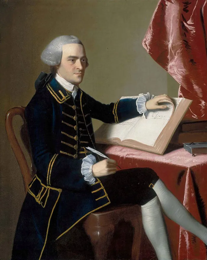 A famous painting of a man in 18th-century attire seated at a table with an open book and quill pen.