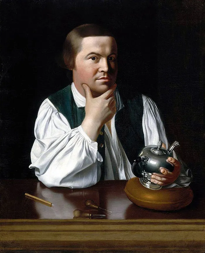 Man in historical attire holds a silver teapot in a famous painting.