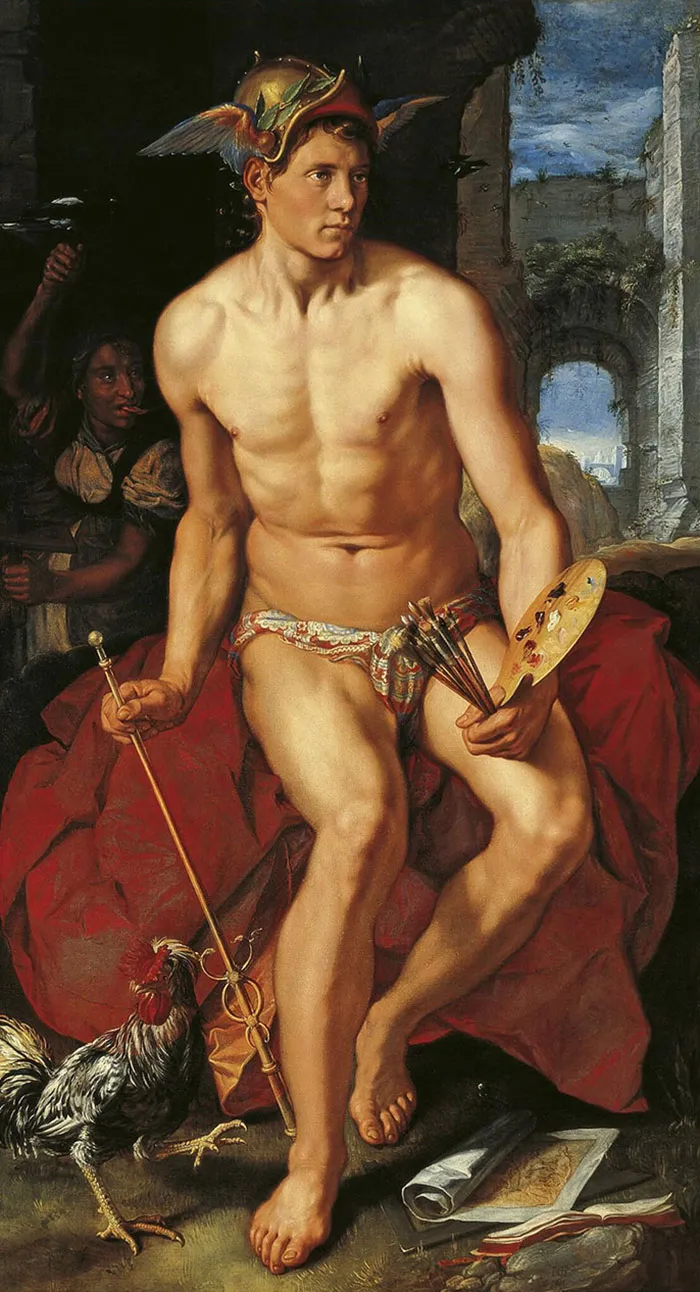 A famous painting depicting a muscular figure with a helmet, holding a palette and brushes, with a rooster nearby.