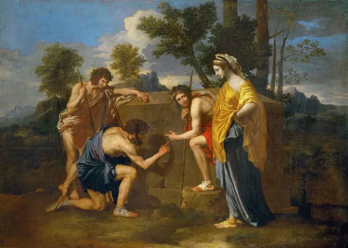 A famous painting depicting four figures in classical attire around a stone structure in a pastoral setting.