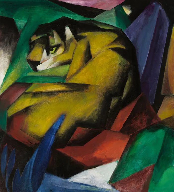 Abstract painting of a tiger with bold colors and geometric shapes, representing famous art history.