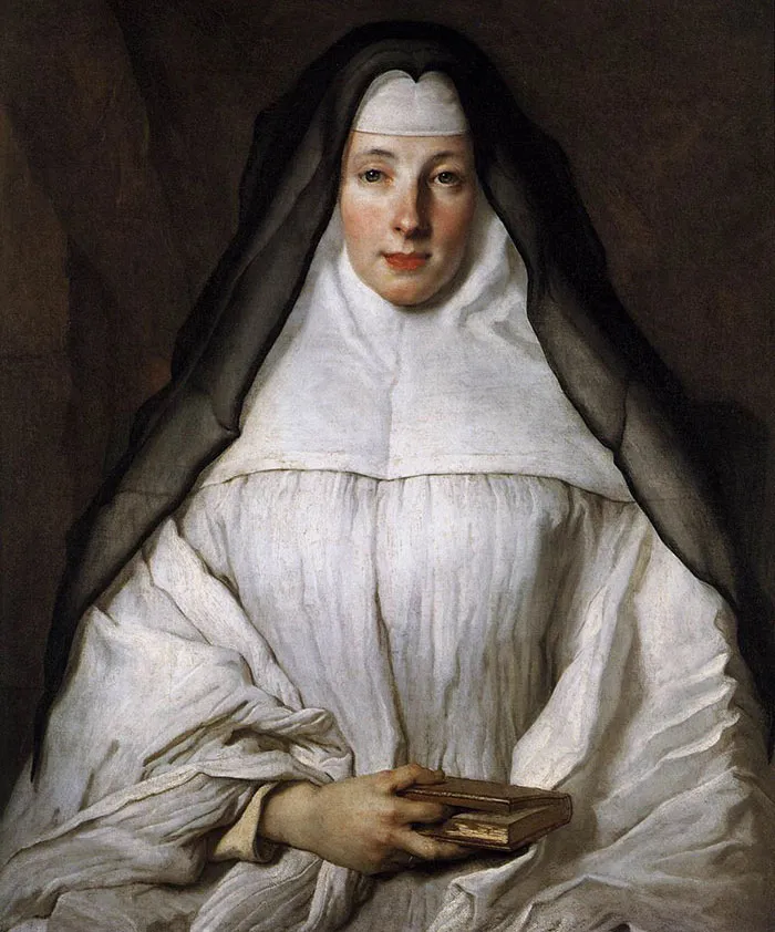 A nun in a historical painting holding a book, showcasing famous art.