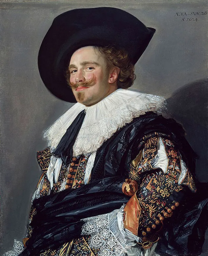 A man in ornate attire and large hat, depicting a famous painting from art history.