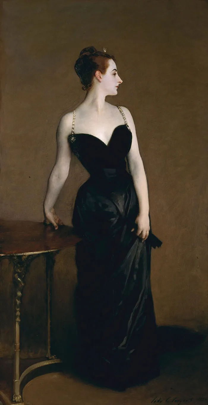 Famous painting of an elegant woman in a black dress, posed beside a table, set against a plain background.