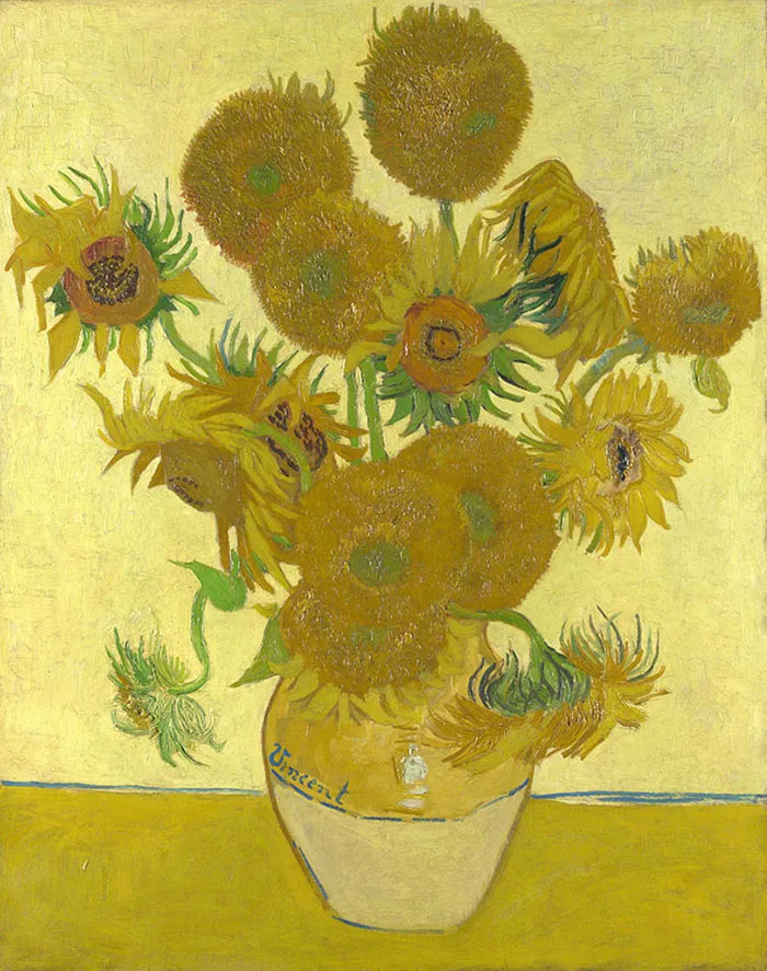 Famous painting of sunflowers in a vase with a yellow background, showcasing iconic art style and use of color.