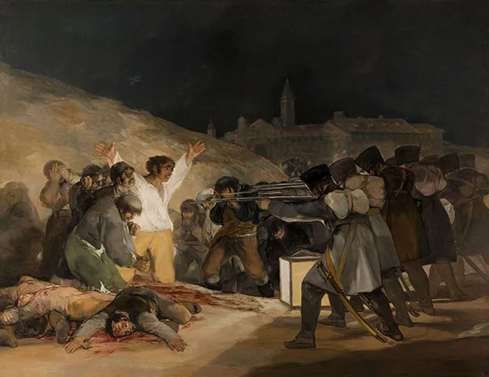 A group facing execution at night; a powerful scene from famous paintings in art history.